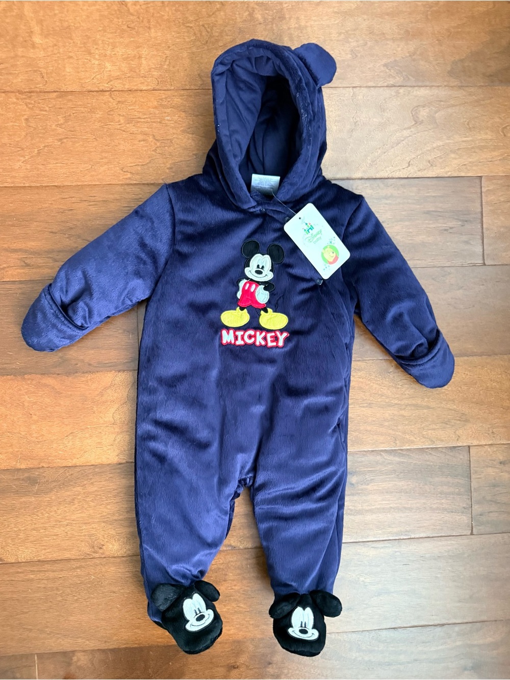 Vintage New Disney Mickey Mouse Navy Plush Baby Fleece Snowsuit